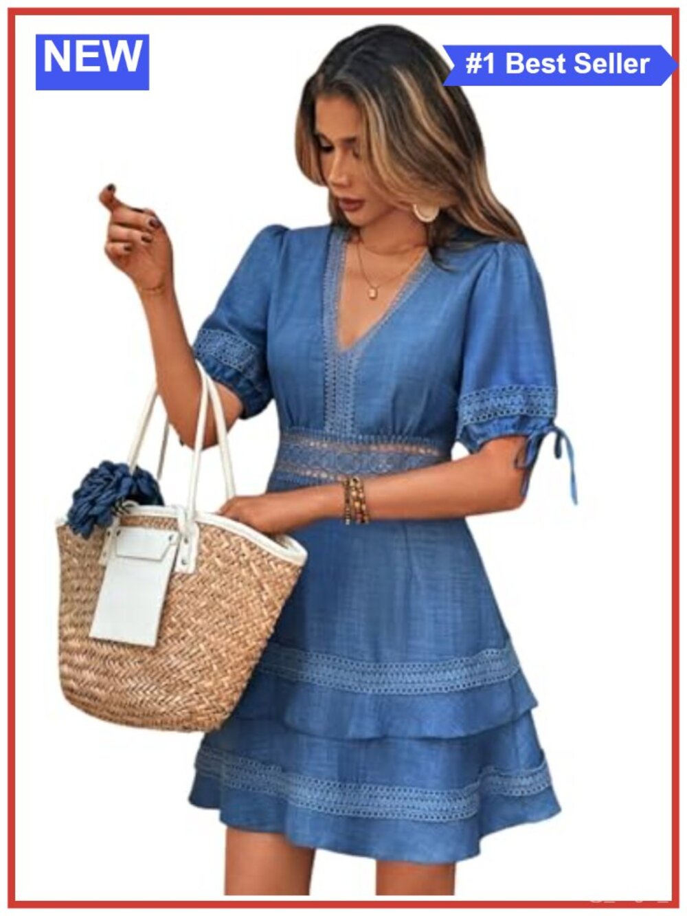 SOLY HUX Women's Lace Short Sleeve A-Line Layered Dress